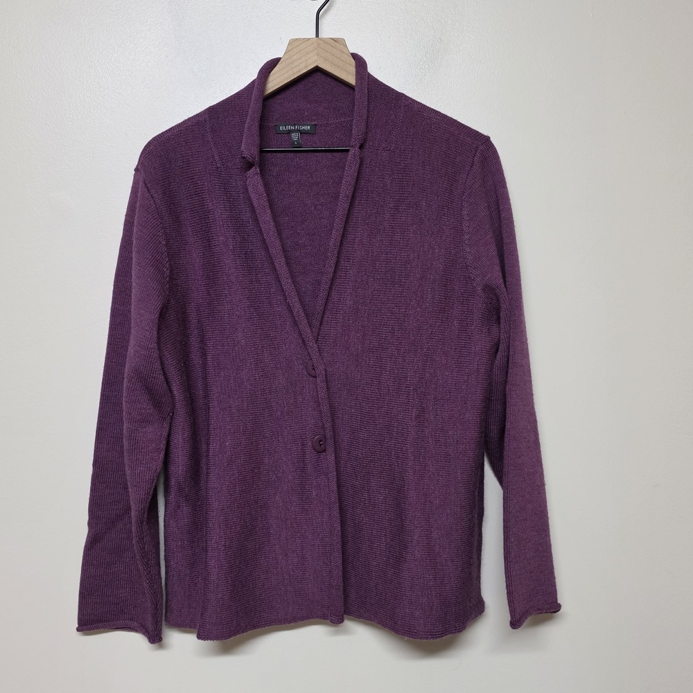 Eileen Fisher Womens 100% Merino Wool Cardigan Large‎ Purple Two Button Capsule